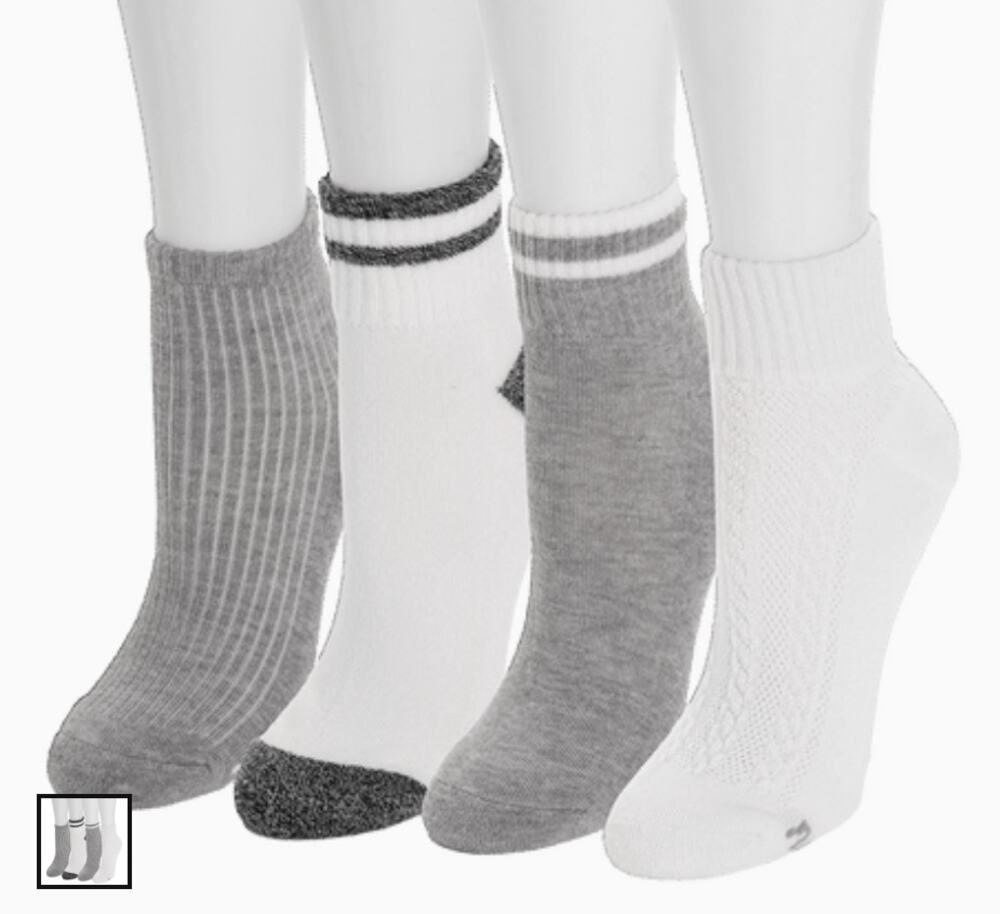 MUK LUKS Women's 4PK Dream Step Mini Crew Sock Gray White One Size fits 6-11 NWT